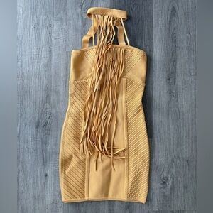 Stretta Mustard Yellow Strapless Fringe Bodycon Dress